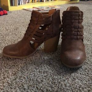 Brown ankle booties with heel and cut outs